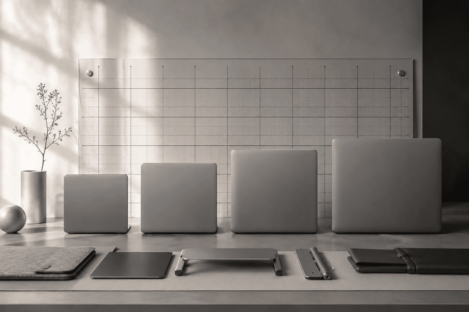 Four laptop size silhouettes aligned against a measuring grid