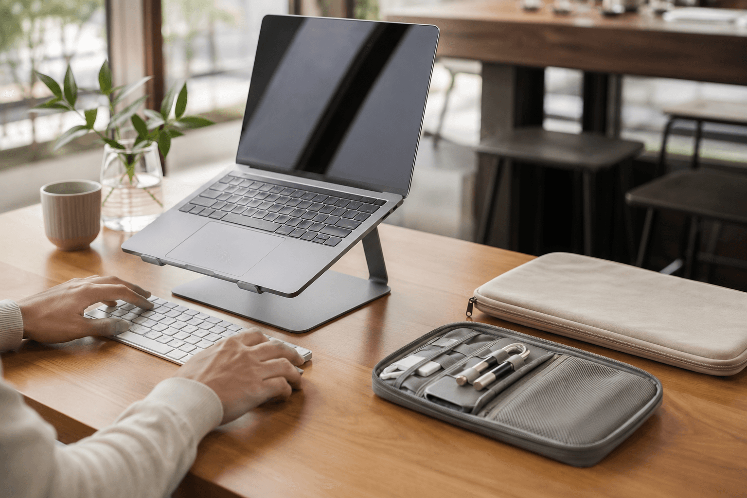 Sleeve + Pouch Travel Duo details and workspace context